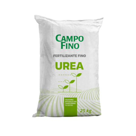 Saco de Urea CampoFino 25 kg, fertilizante nitrogenado con 46% de nitrógeno para cultivos agrícolas y frutales.