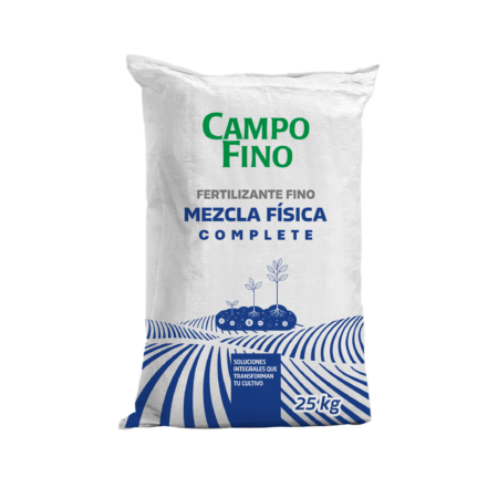 Saco de Mezcla Física Complete CampoFino de 25 kg con NPK y micronutrientes para fertilización de arranque.